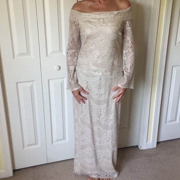 David’s Bridal Lace Champagne Metallic Gown - Picture 1 of 8